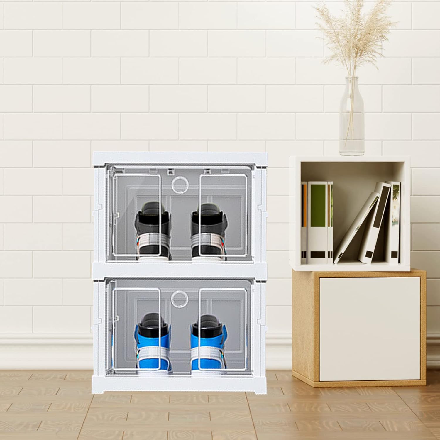 Wukusy 2-layer stackable storage cart with foldable drawers, ideal for clothes, kitchen, pantry, closet, bathroom, and laundry organization.