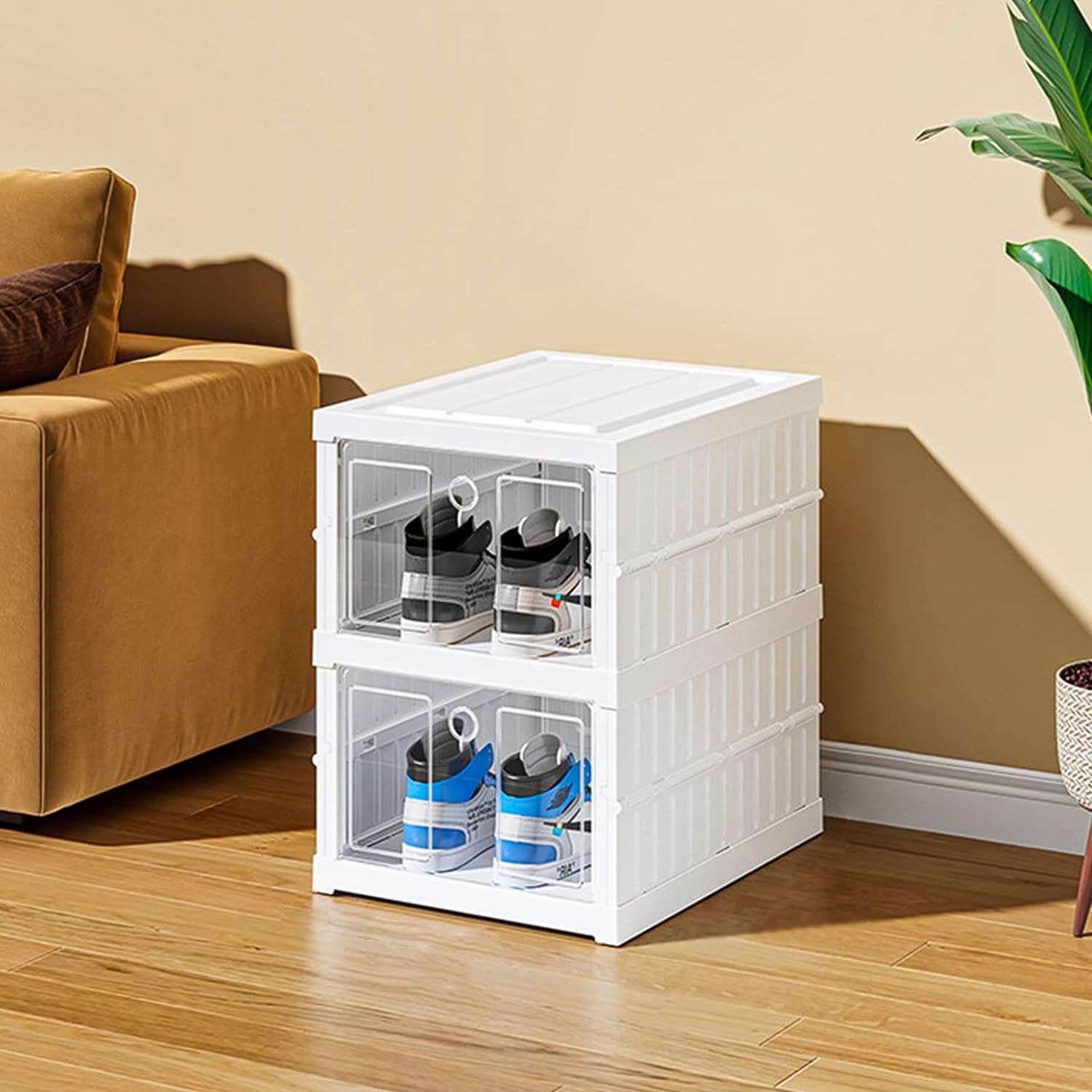 Wukusy 2-layer stackable storage cart with foldable baskets for clothes, kitchen, pantry, closet, bathroom, and laundry organization.