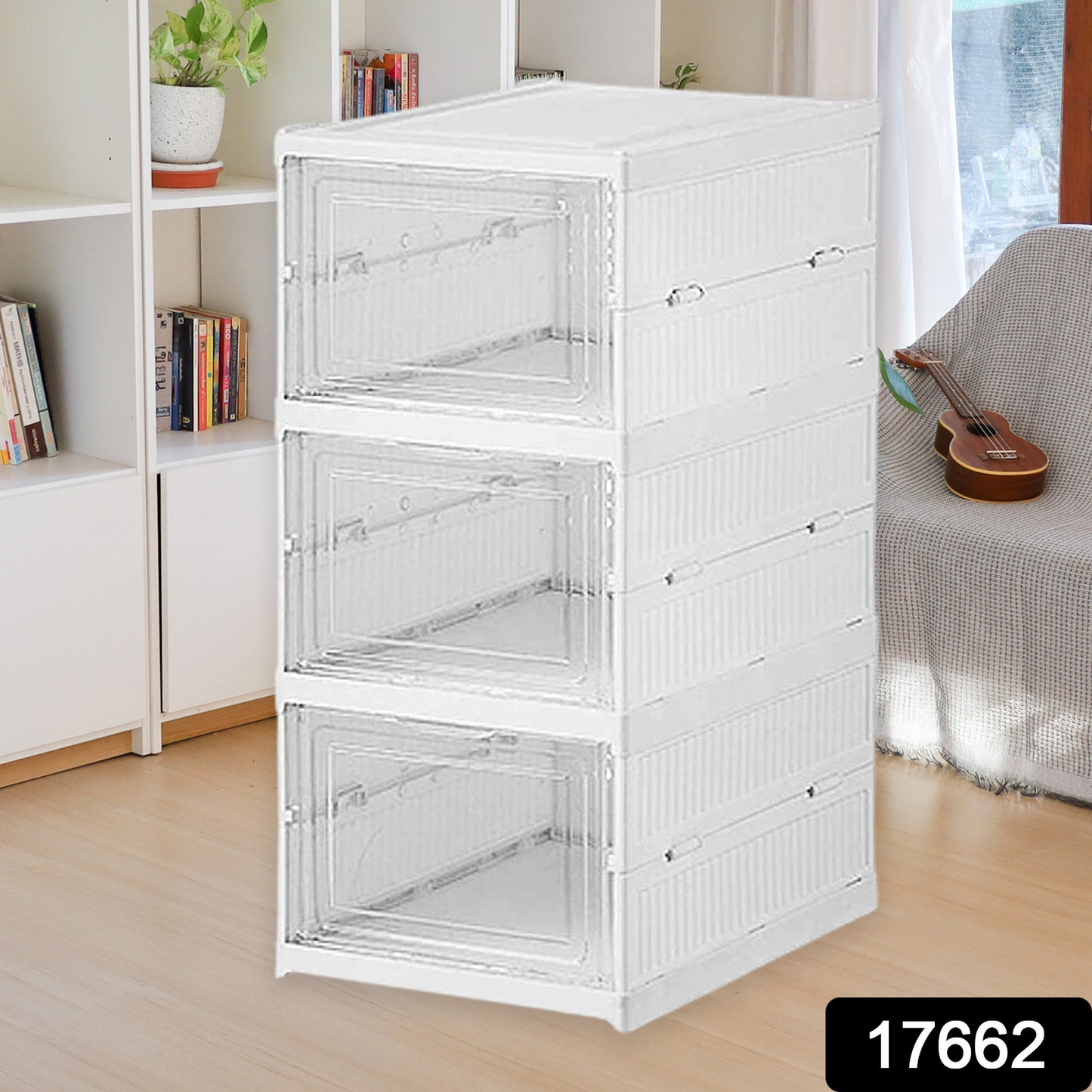 Wukusy 3-layer stackable foldable storage cart with baskets, ideal for kitchen, closet, bathroom, or laundry organization.