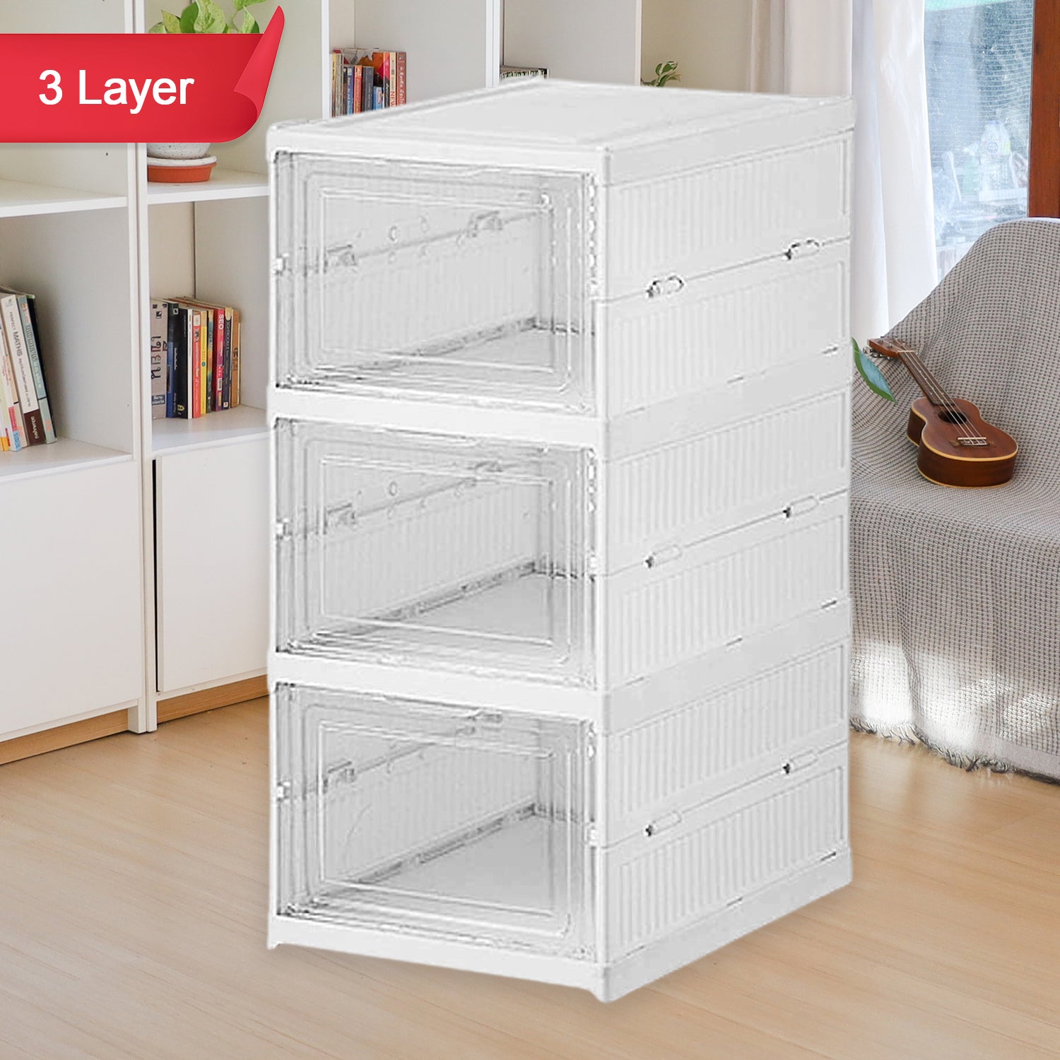Wukusy 3-layer stackable multifunctional storage cart with foldable drawers for clothes, kitchen, pantry, closet, or bathroom organization.