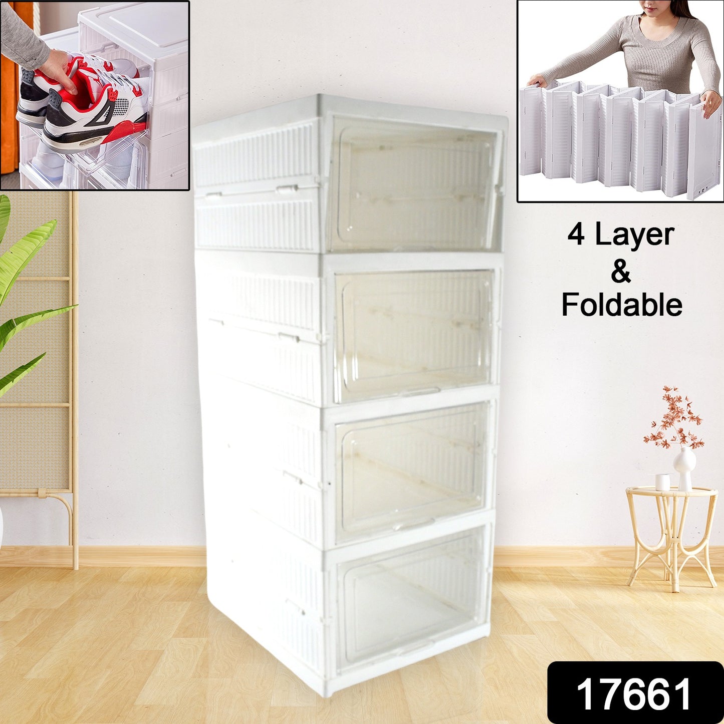 Wukusy 4-layer stackable storage organizer for clothes, kitchen, or bathroom, featuring foldable drawers and versatile utility cart design.