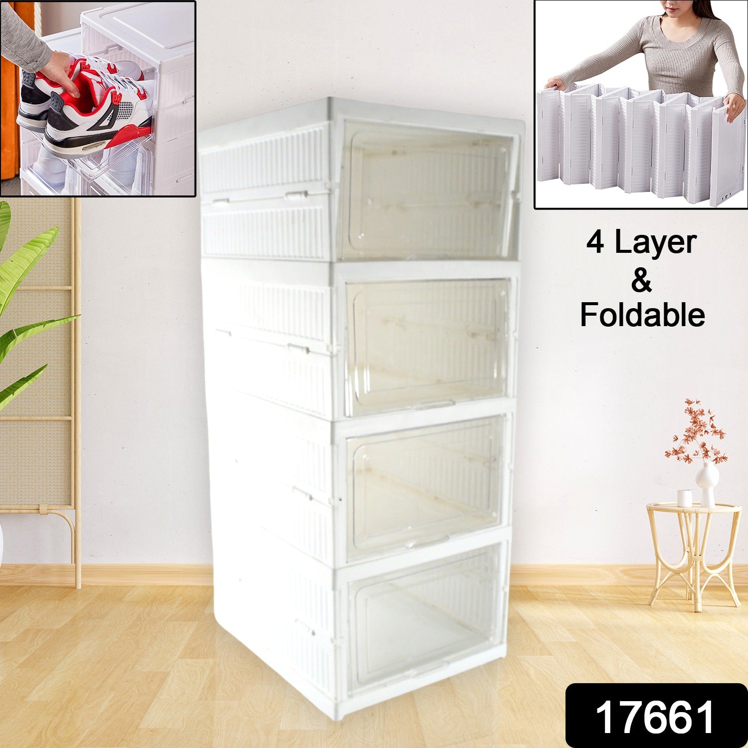 Wukusy 4-layer stackable storage organizer for clothes, kitchen, or bathroom, featuring foldable drawers and versatile utility cart design.