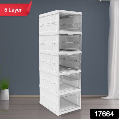 Wukusy 5-layer stackable multifunctional storage cart with foldable drawers for clothes, kitchen, pantry, closet, bathroom, and laundry.