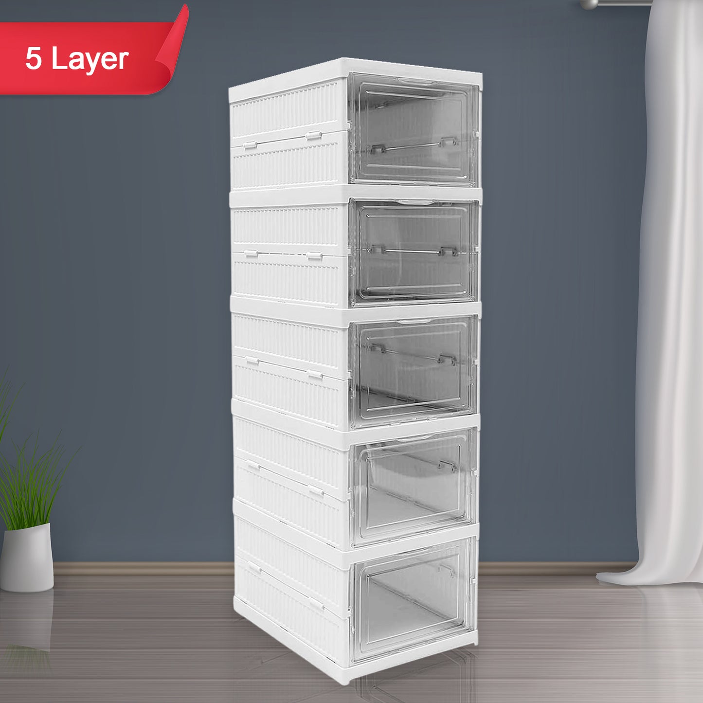 Wukusy five-layer stackable storage cart with foldable baskets, ideal for clothes, kitchen, pantry, closet, bedroom, or laundry organization.