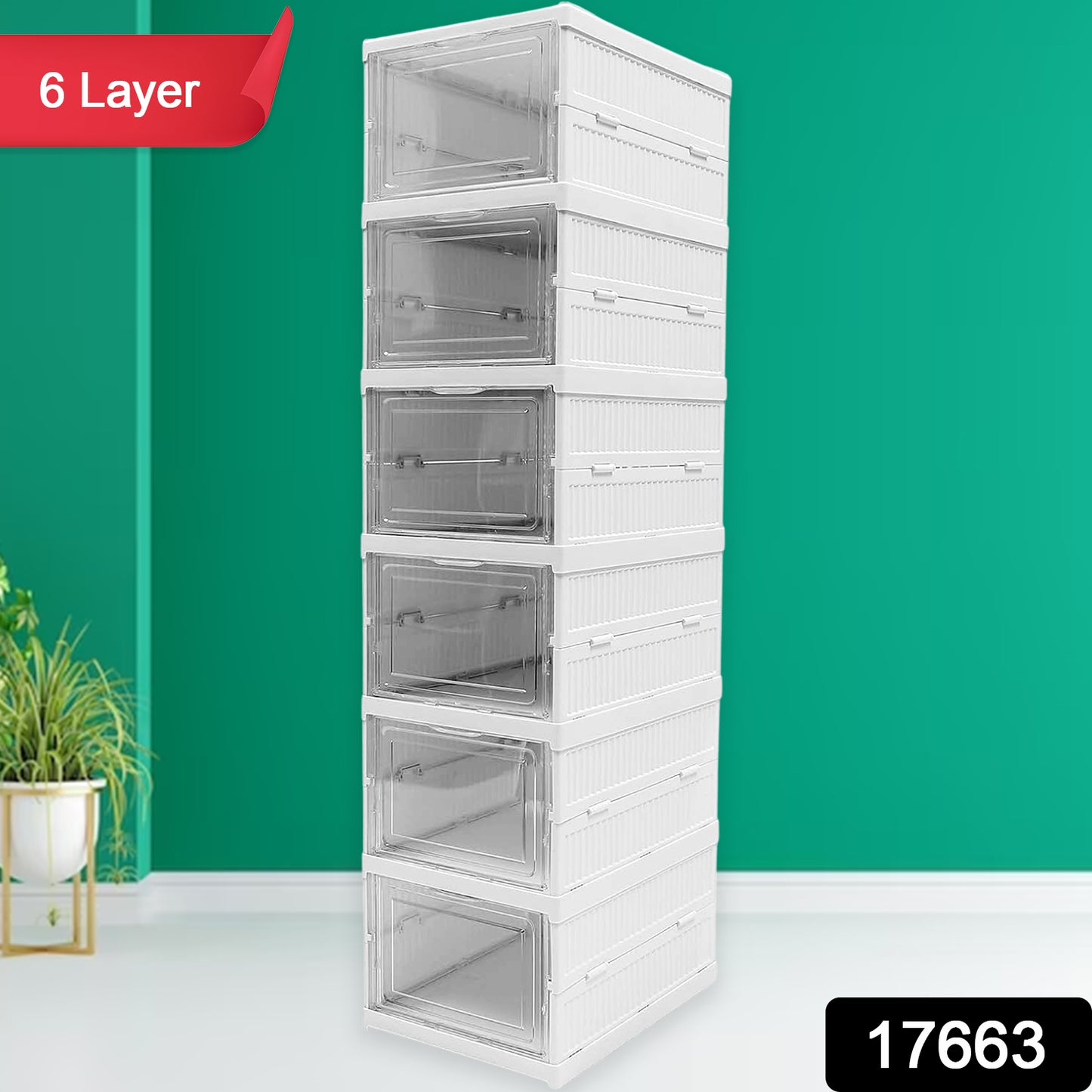 Wukusy 6-layer stackable storage organizer for clothes, kitchen, pantry, bedroom, bathroom, and laundry, with foldable design.
