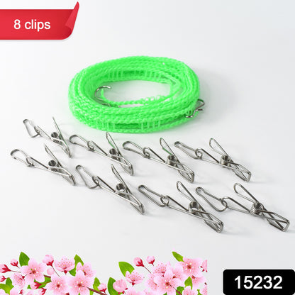 Wukusy stainless steel clothes pegs attached to a white rope for hanging laundry on a clothesline, ideal for home improvement use.