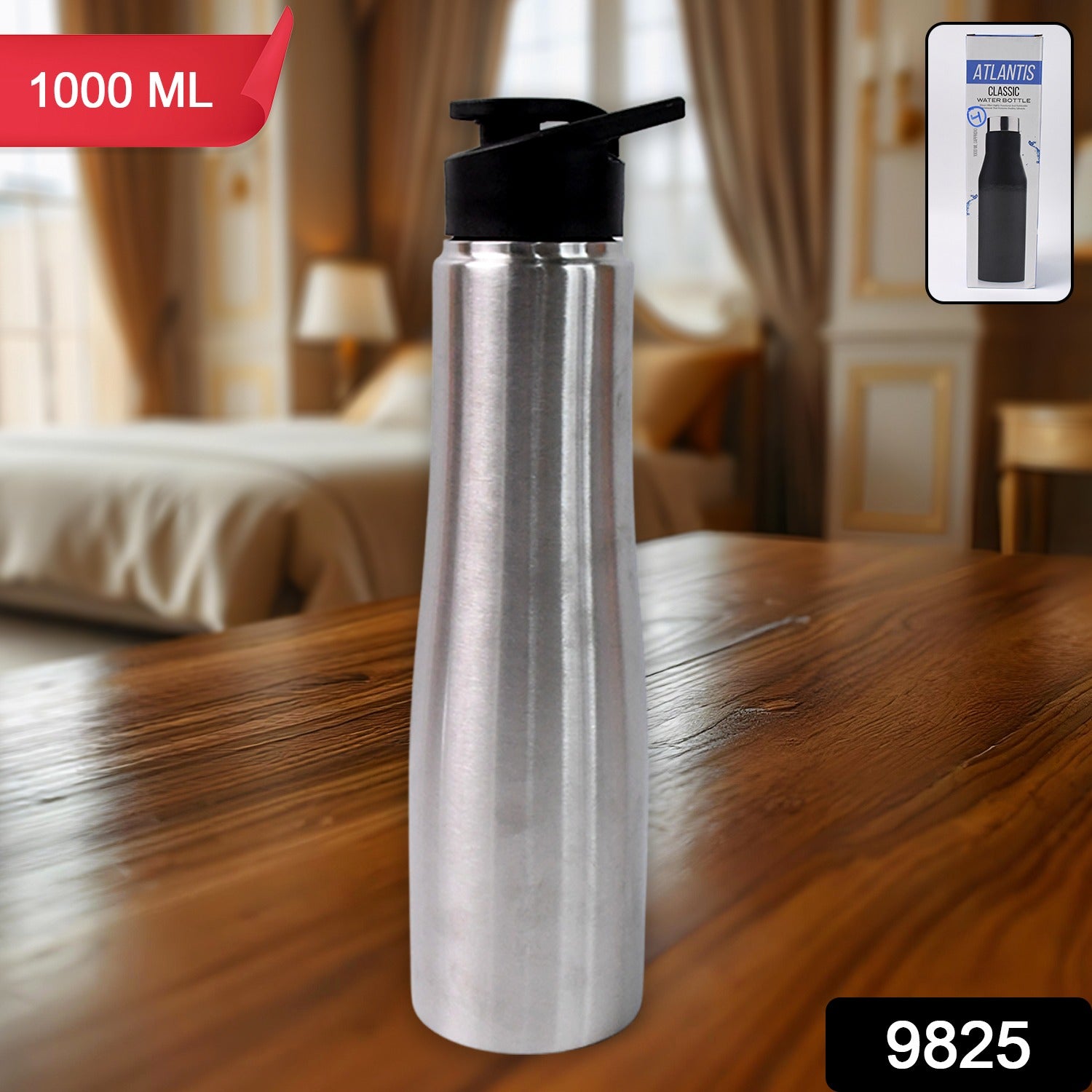 Stainless steel Wukusy double wall vacuum-insulated water bottle, 1000ml, with a sleek design and leak-proof lid for home use.