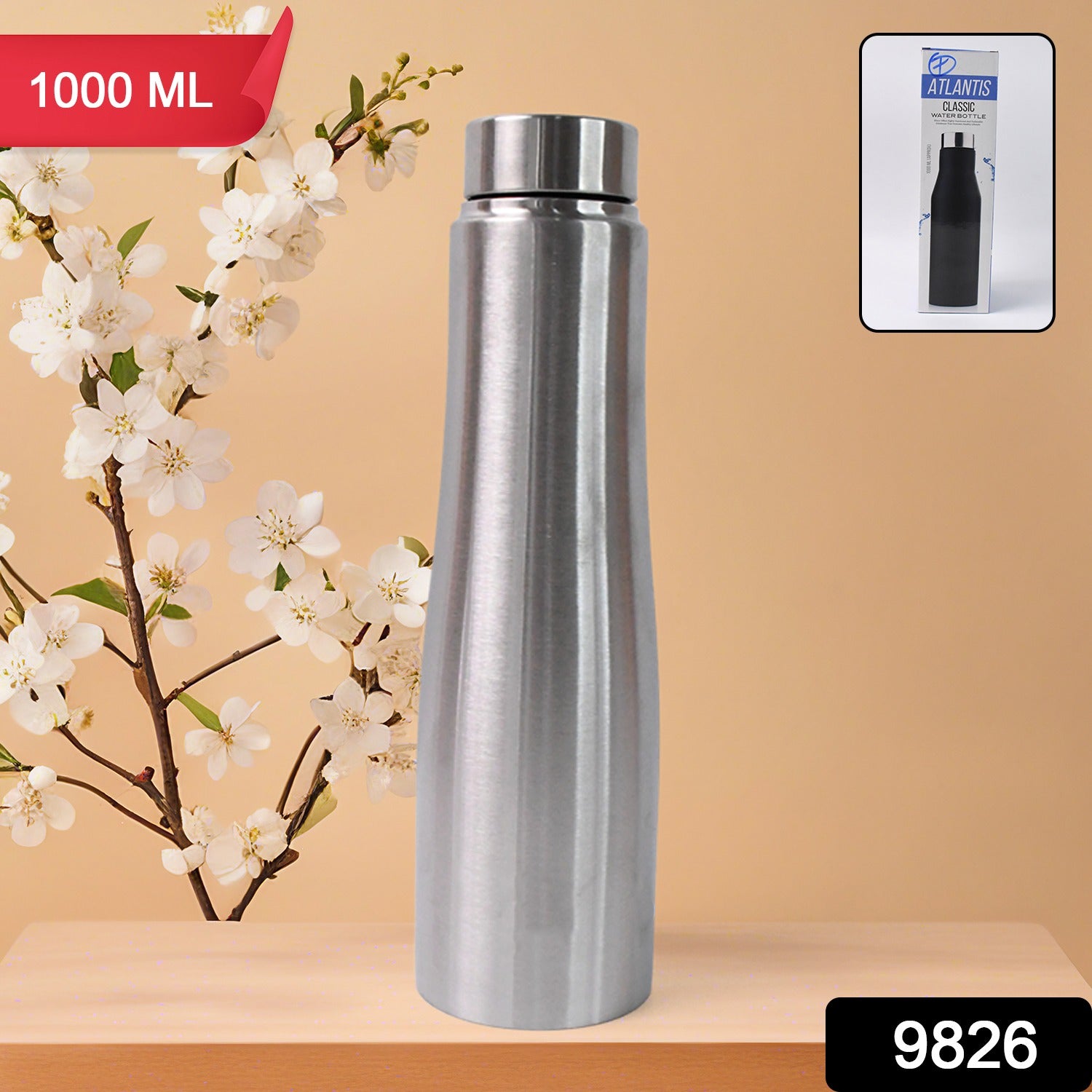Stainless steel Wukusy double wall vacuum-insulated water bottle, 1000 ml, with sleek silver finish and leak-proof lid for home use.