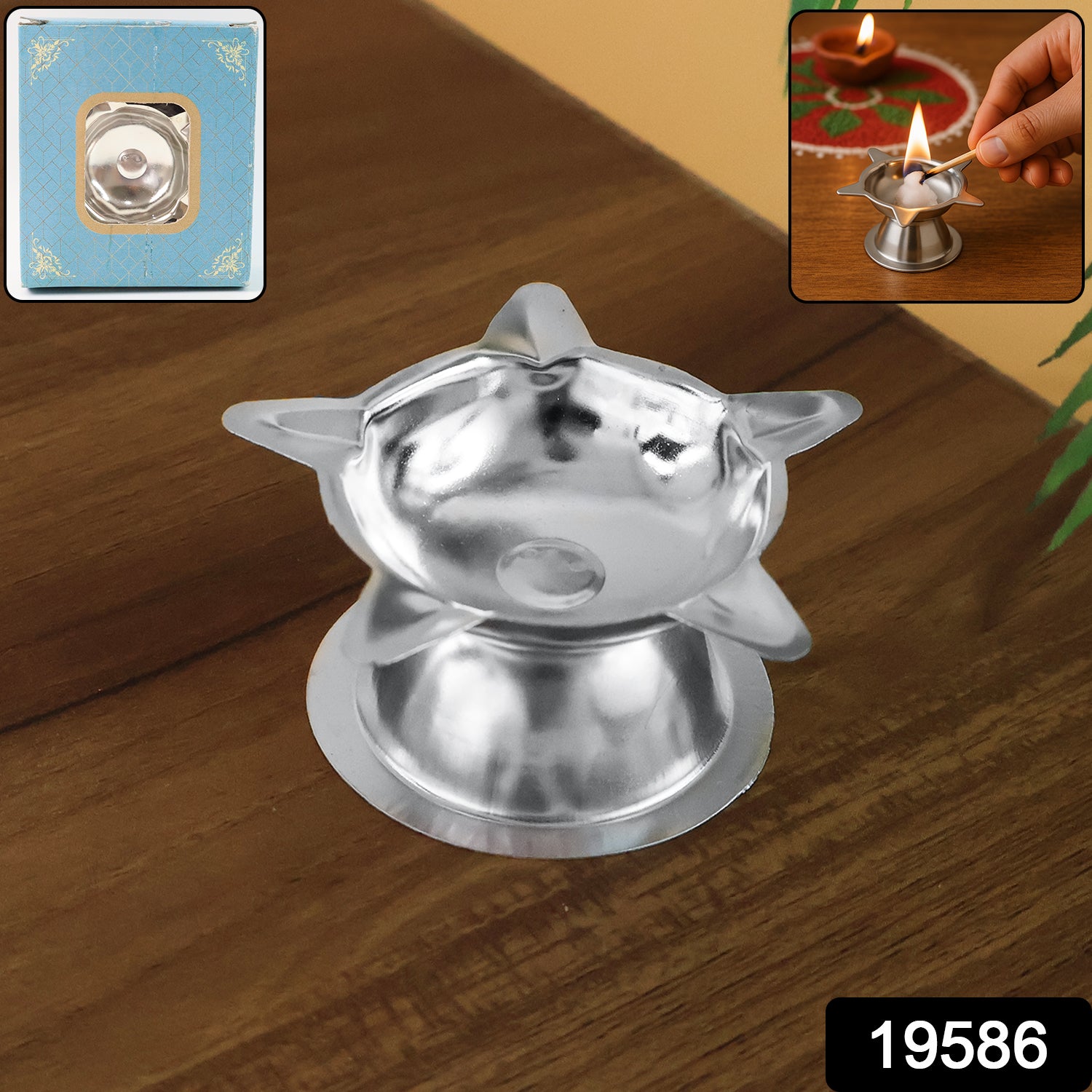 Stainless steel Lotus Design Diya from Wukusy, decorative home improvement oil lamp with intricate lotus pattern.