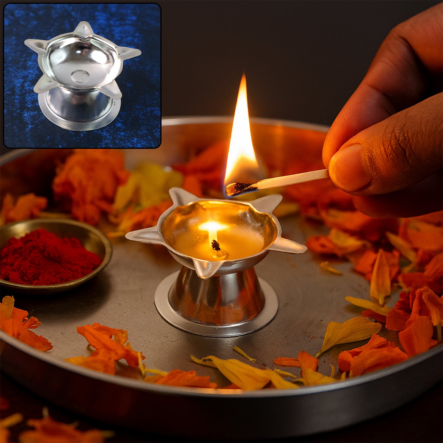 Stainless steel Lotus Design Diya by Wukusy, 1-piece, decorative home improvement diya with intricate lotus pattern.