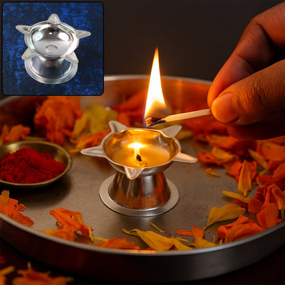 Stainless steel Lotus Design Diya by Wukusy, 1-piece, decorative home improvement diya with intricate lotus pattern.