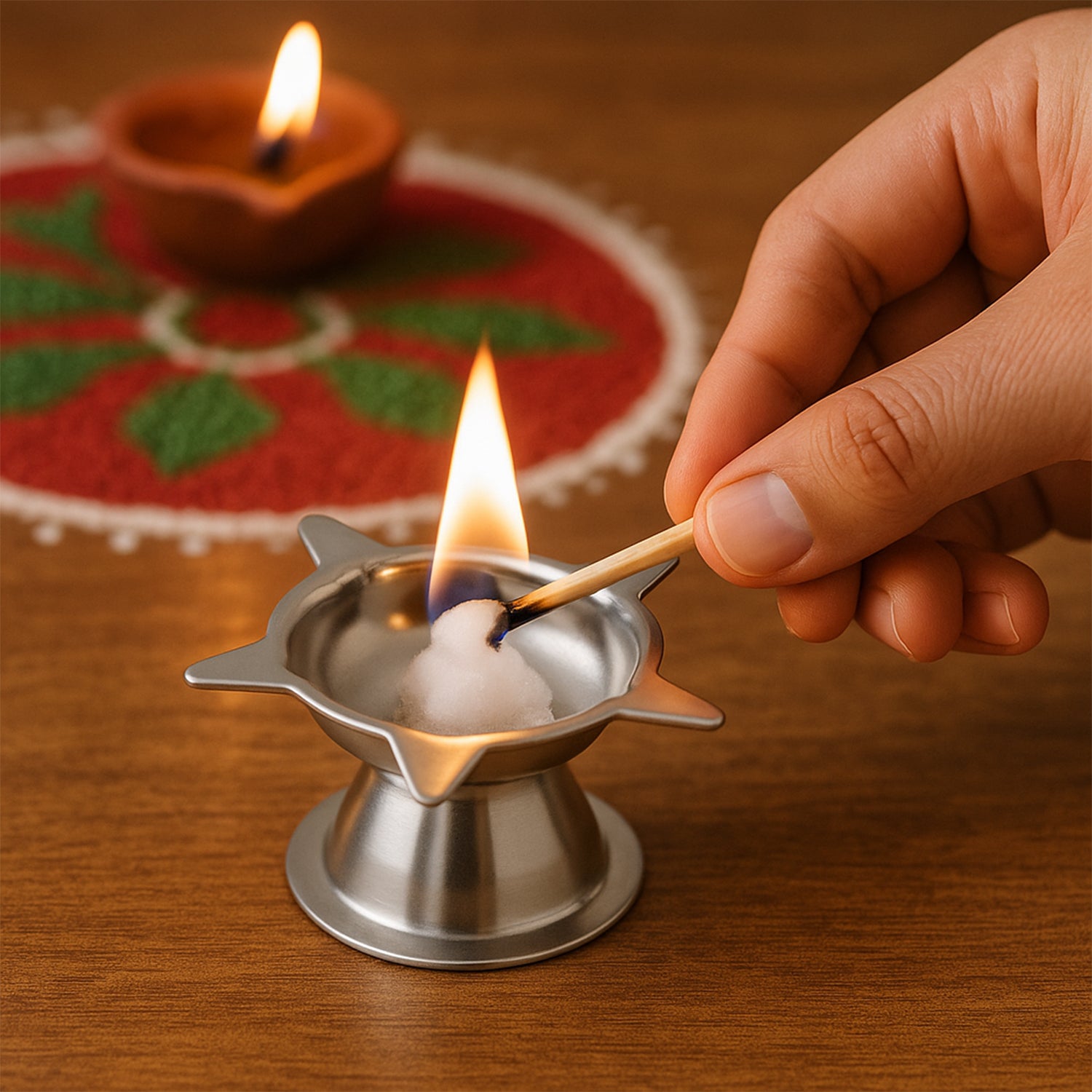 Stainless steel Lotus Design Diya by Wukusy, home improvement decorative oil lamp with intricate lotus pattern.