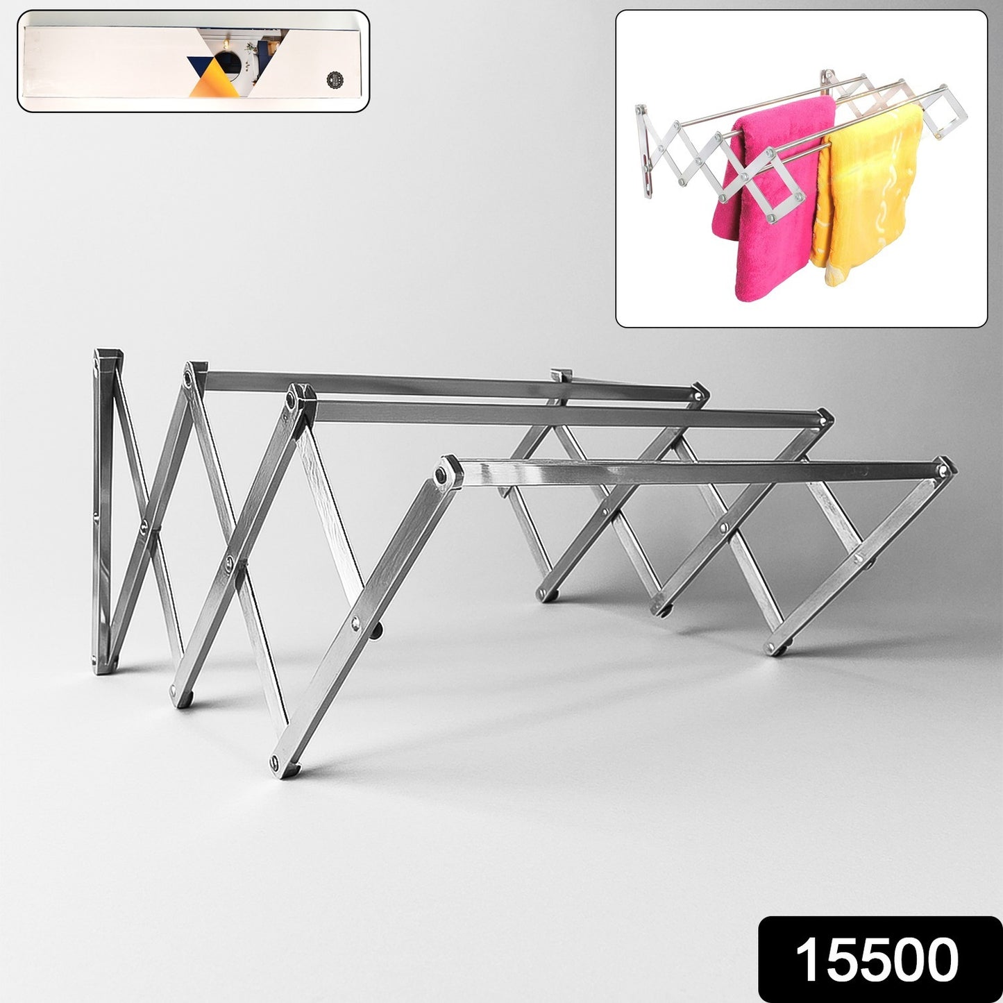 Stainless steel wall-mounted folding clothes drying rack by Wukusy, mounted on a wall with multiple foldable drying bars.