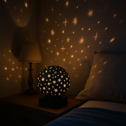 Wukusy starry sky projector night lamp displaying a starry night sky on a wall in a home setting.