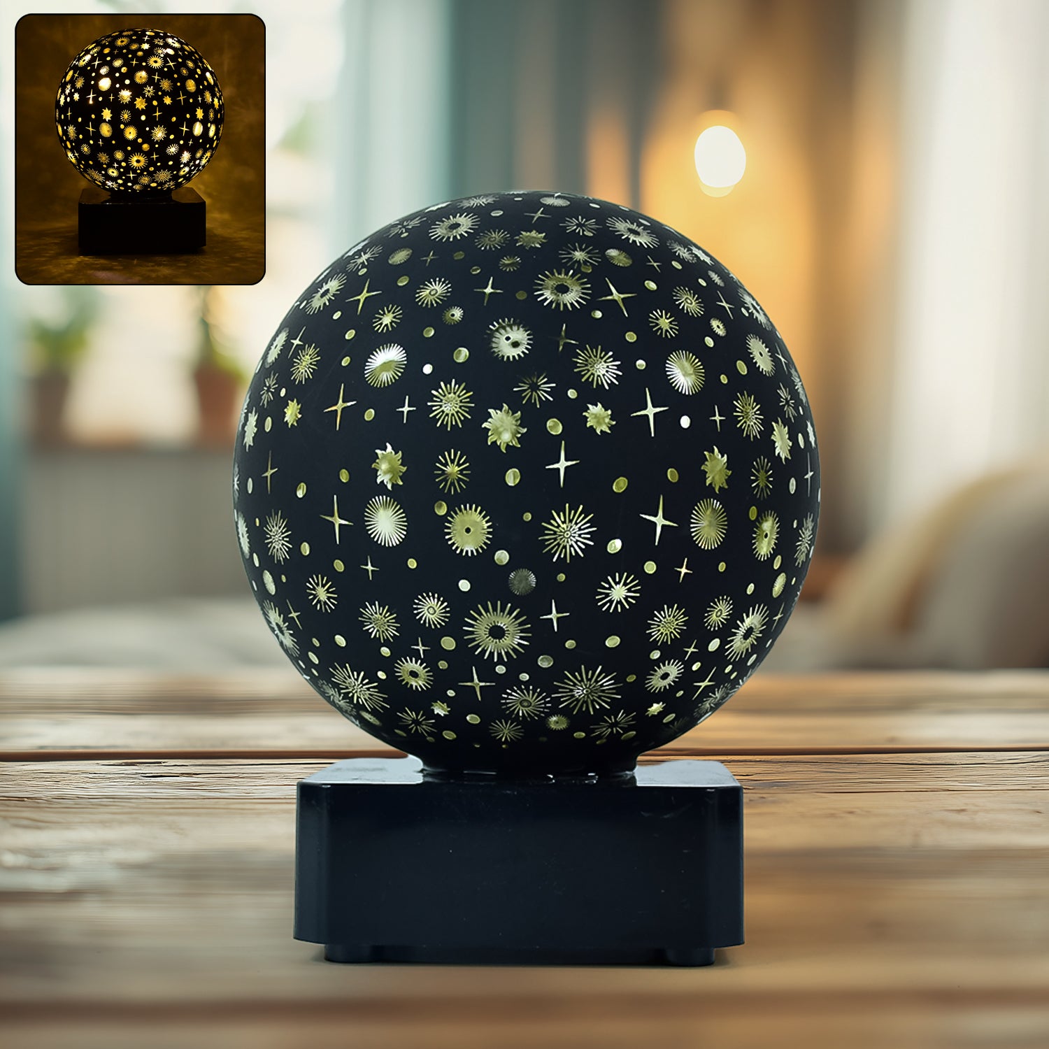 Wukusy Starry Sky Projector Night Lamp displaying a starry night sky projection on a wall in a home setting