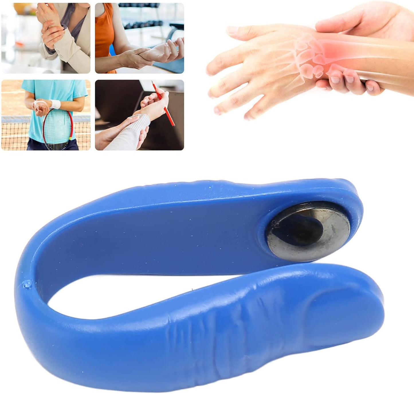 Wukusy Sugar Control Acupressure Hand Pressure Point Clip with magnets for migraine relief, shown on a hand in a home improvement setting.