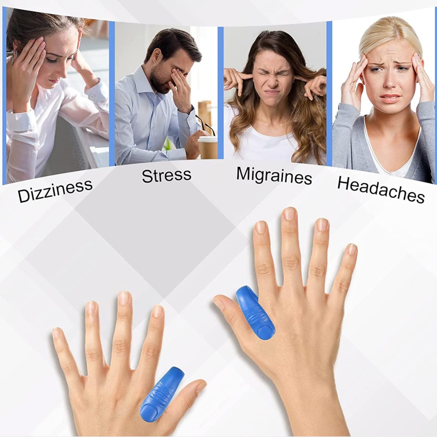 Wukusy Sugar Control Acupressure Hand Pressure Point Clip with magnets for migraine relief, shown on a hand in a home improvement setting.