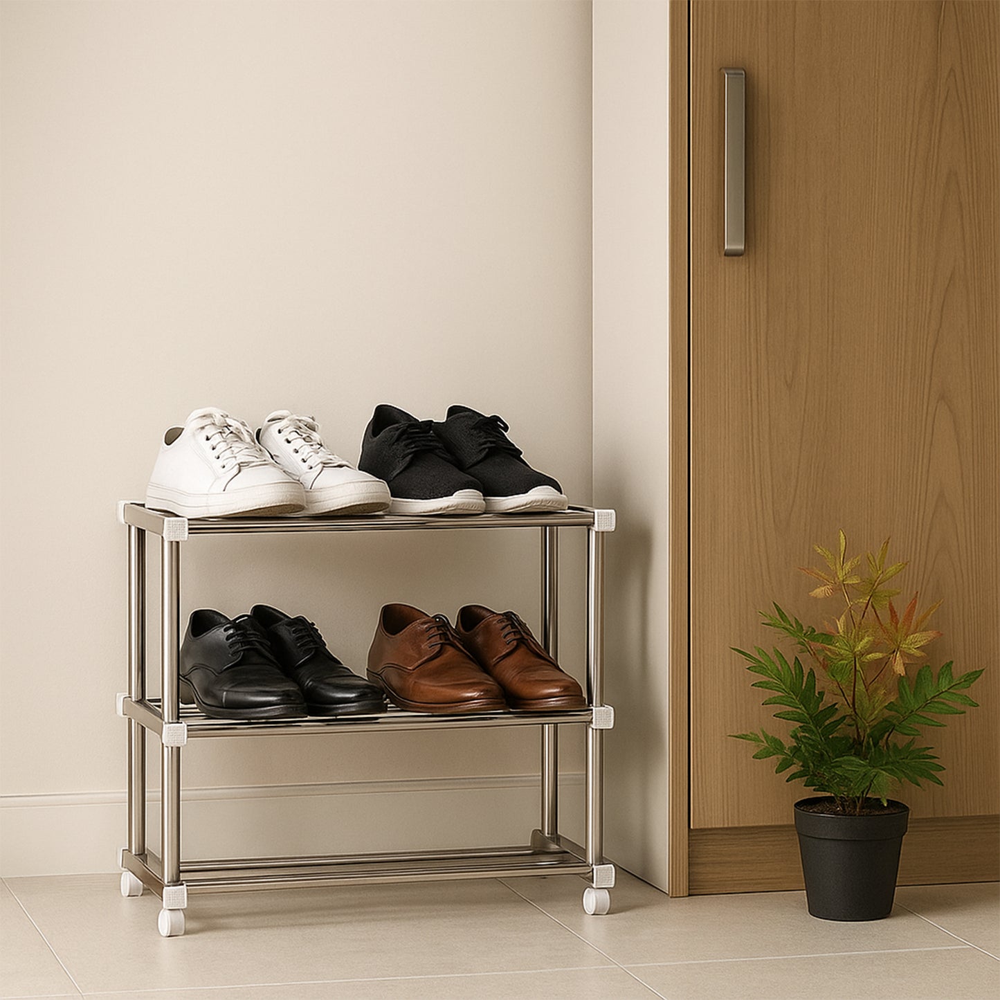 Wukusy Supermom stainless steel multipurpose shoe storage rack with multiple tiers for organized home footwear storage.