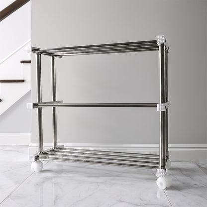 Stainless steel Supermom shoe storage rack by Wukusy, versatile home organization rack with multiple shelves for shoes and accessories.