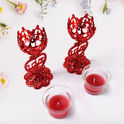 Wukusy tea lights holder candle stand set with two black metal candle holders for home decor and ambiance.