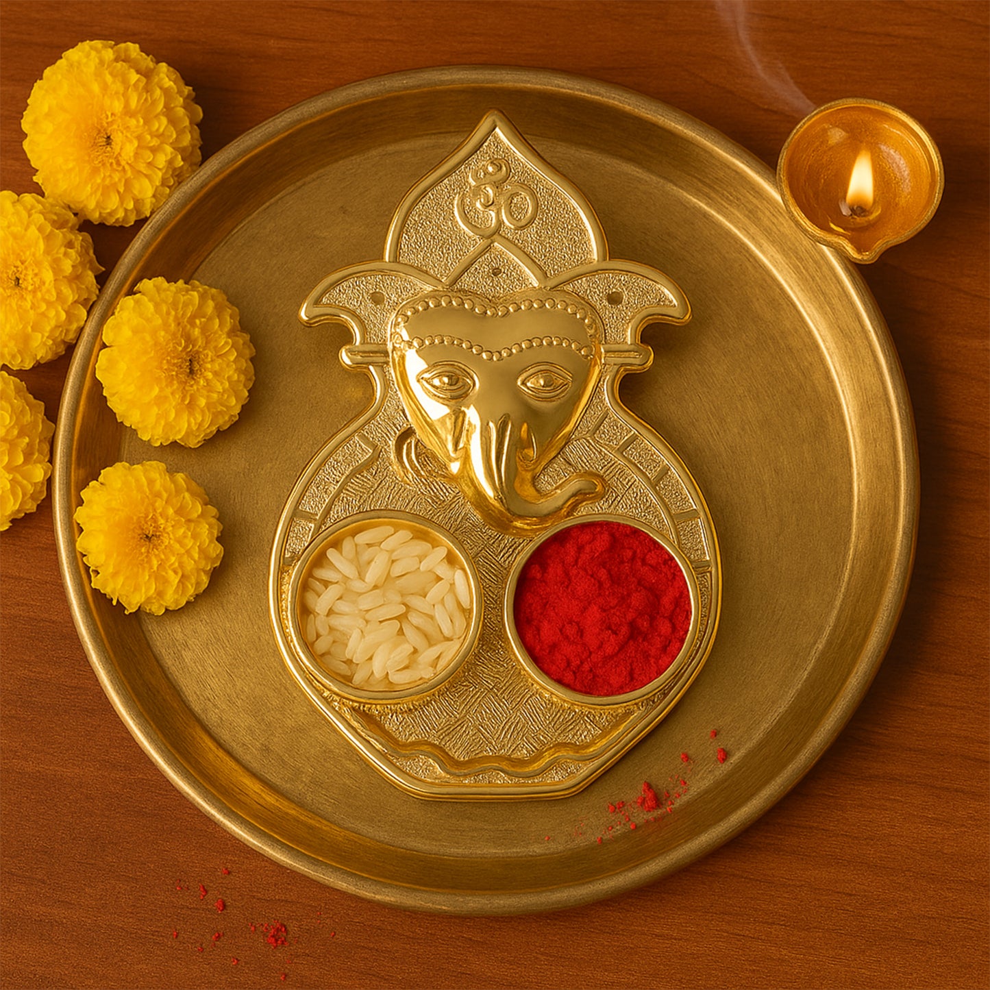 Traditional golden Lord Ganesha kumkum dish from Wukusy, crafted for home improvement and spiritual decoration.