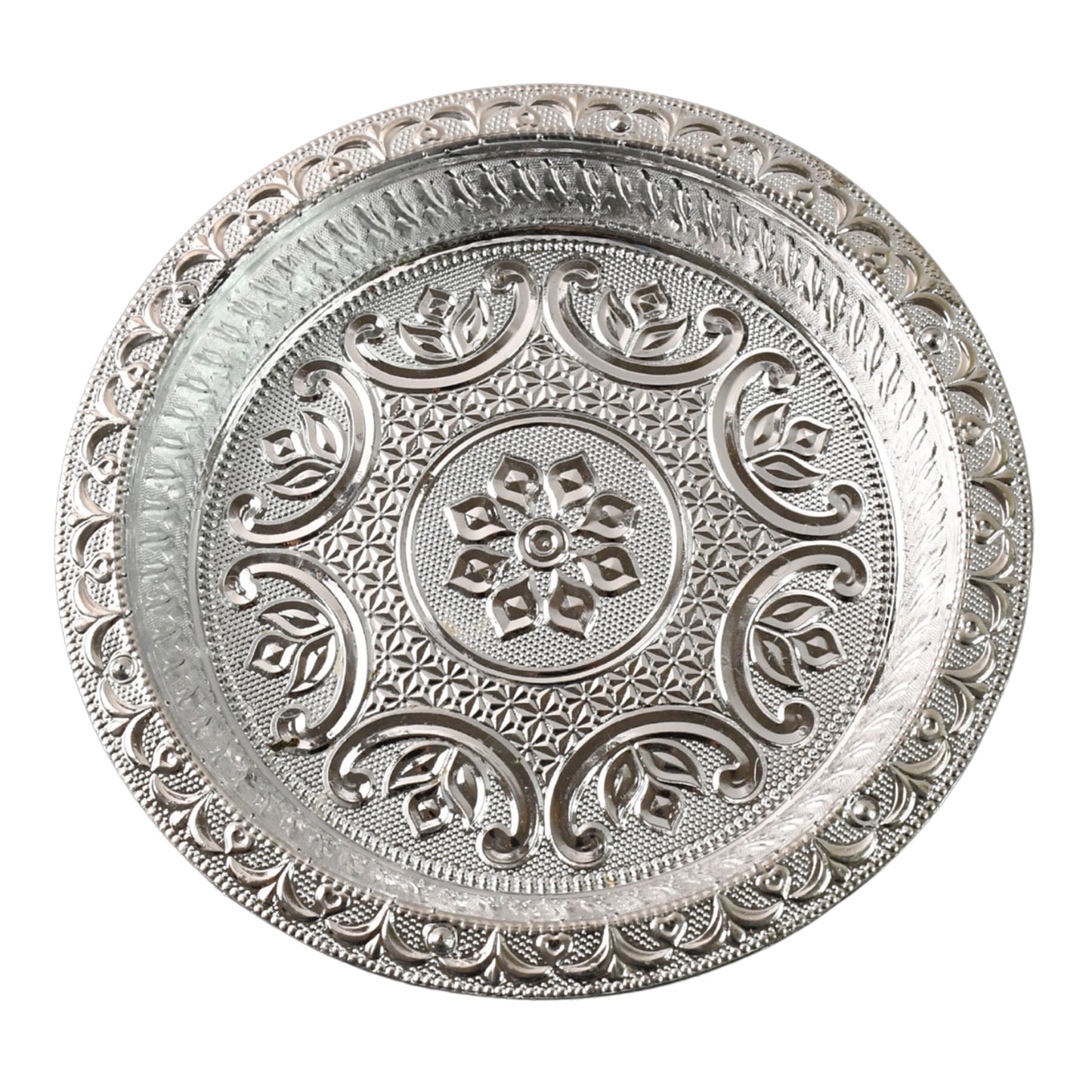 Traditional silver finish plastic Pooja Thali by Wukusy, designed for religious offerings and home prayer rituals.