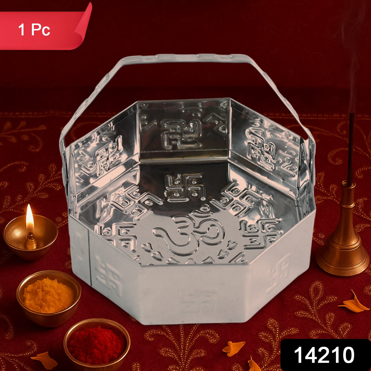 Traditional stainless steel octagon Pooja basket with handle, ideal for home prayer rituals, by Wukusy.