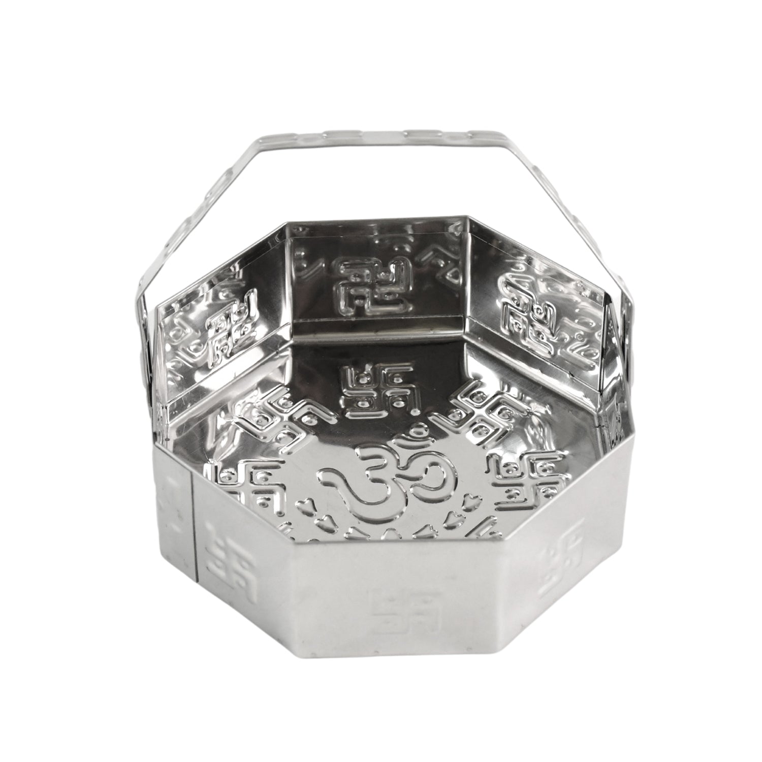 Traditional stainless steel octagon Pooja basket with handle, designed for home improvement and religious rituals.