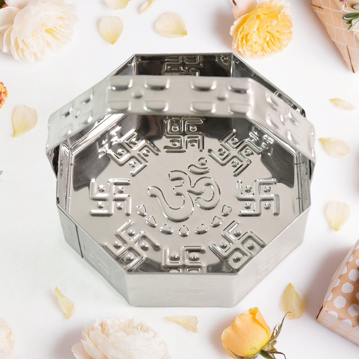 Traditional stainless steel octagon Pooja basket with handle, ideal for home prayer rituals, by Wukusy.