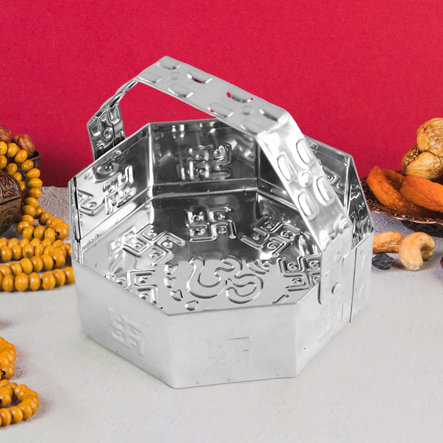 Traditional stainless steel octagon pooja basket with handle, designed for home improvement and religious rituals, by Wukusy.