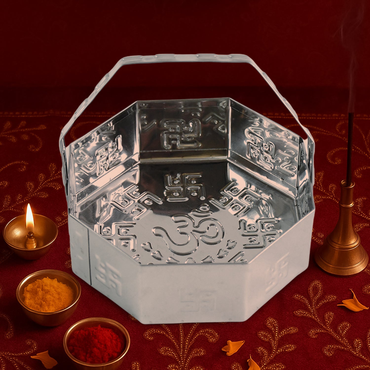 Traditional stainless steel octagon Pooja basket with handle, designed for home improvement and prayer rituals.
