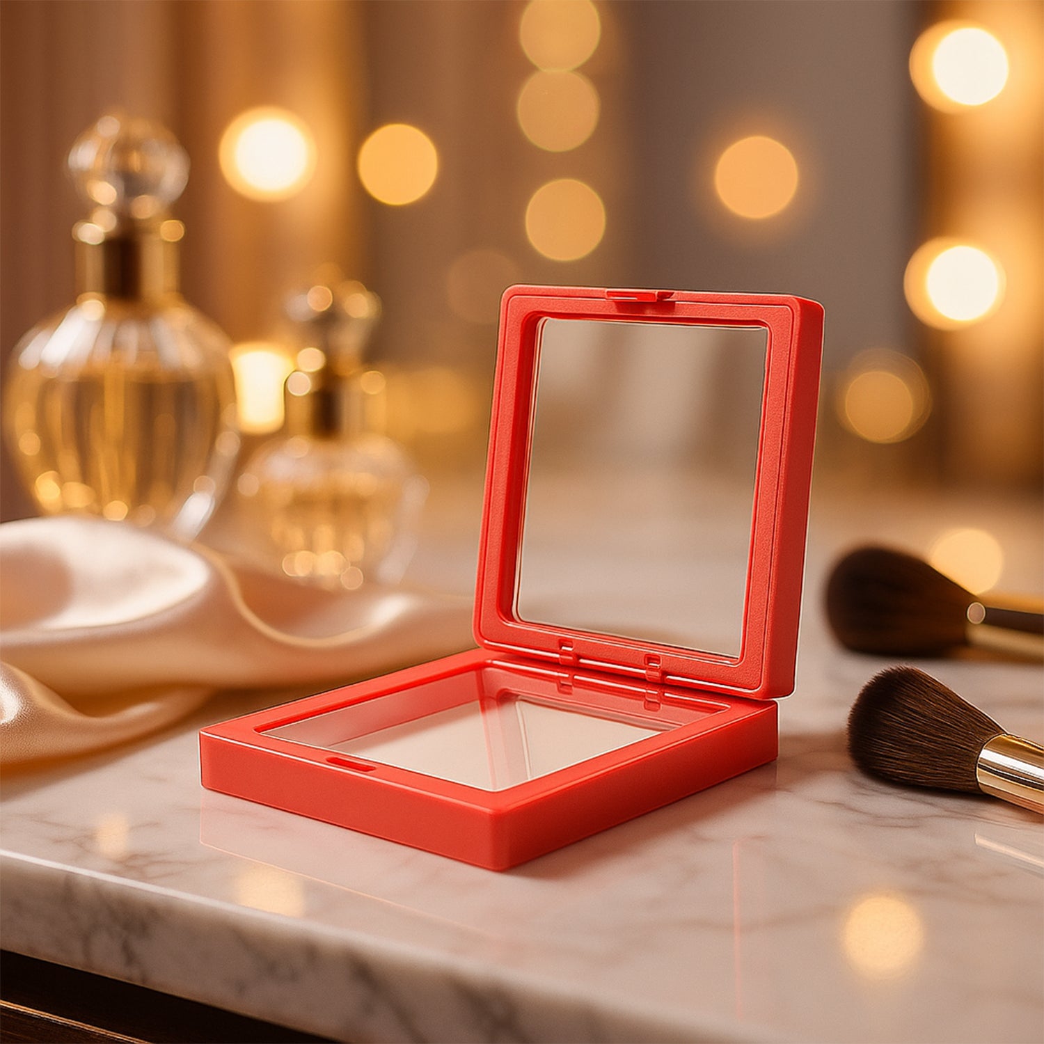 Wukusy transparent jewelry display box, 9x9 cm, showcasing rings and necklaces, ideal for home jewelry organization.