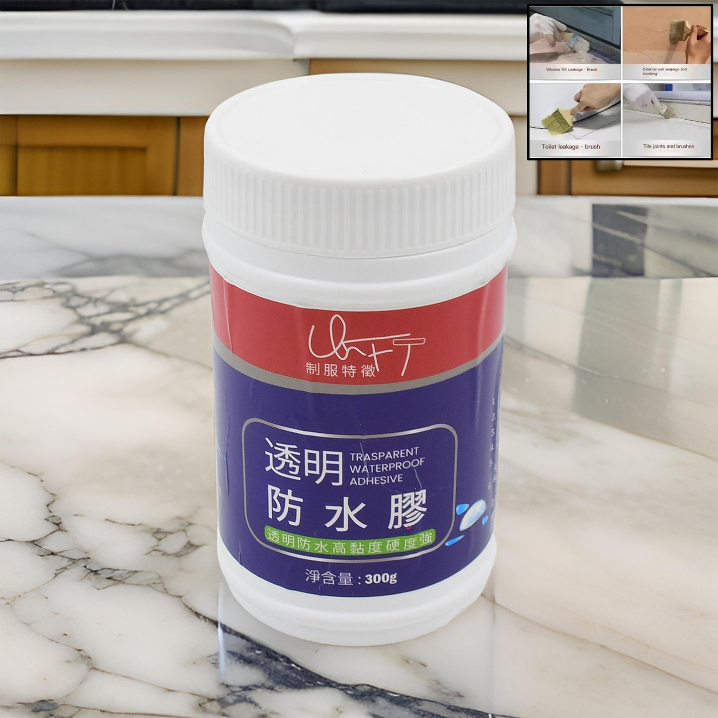 Wukusy transparent waterproof glue 300g for home improvement, shown in a clear container without a brush.