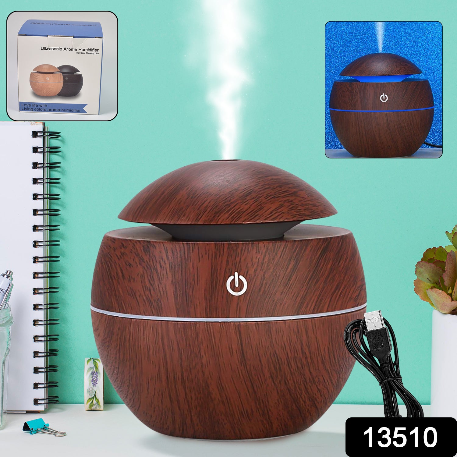 Wukusy ultrasonic aromatherapy humidifier USB desktop device, 130ml capacity, for home improvement and air moisture enhancement.