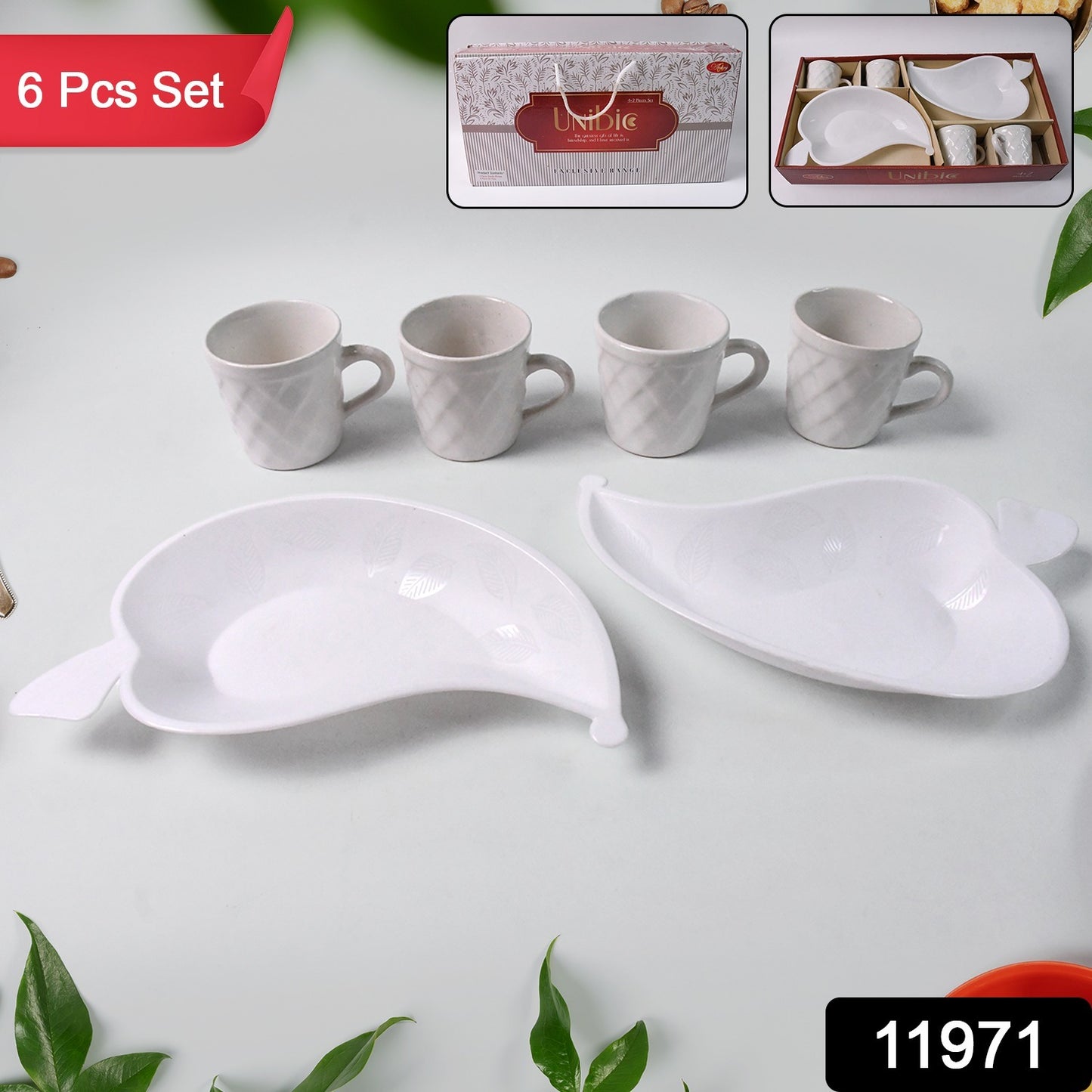 Set of six Unibic ceramic tea cups with a plastic leaf-shaped tray, ideal for home tea service by Wukusy.