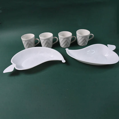 Six Unibic ceramic tea cups with a plastic leaf-shaped tray, set for home improvement and tea serving by Wukusy.