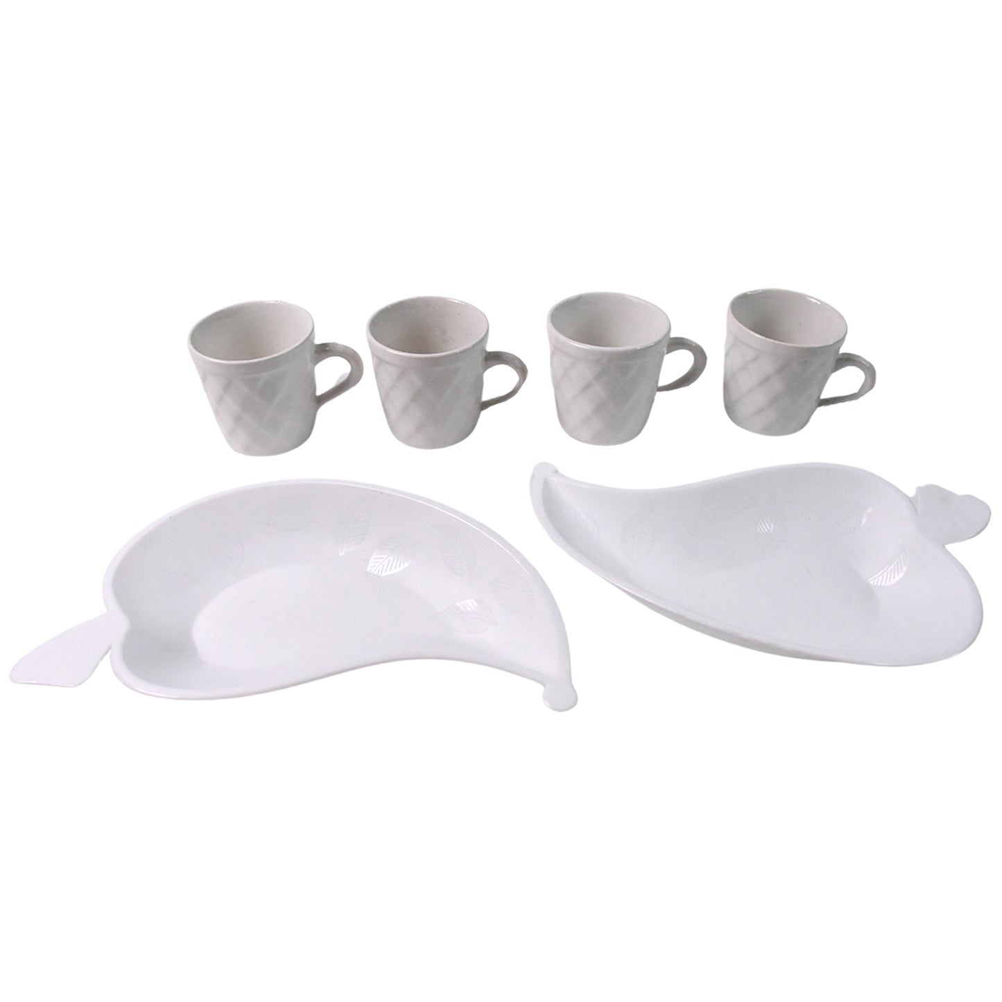 Six Unibic ceramic tea cups with a plastic leaf-shaped tray in a Wukusy home improvement set, shown on a white background.