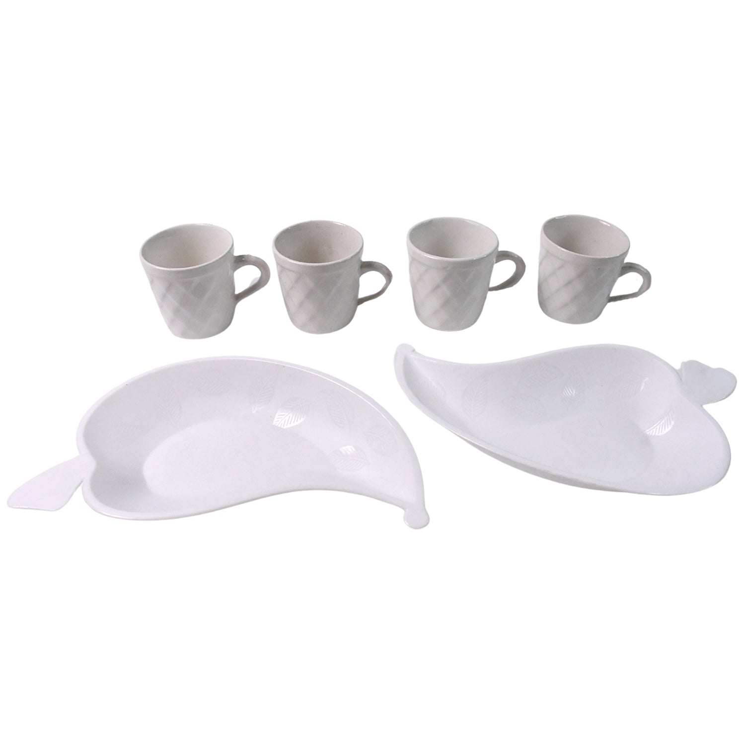 Six Unibic ceramic tea cups with a plastic leaf-shaped tray in a Wukusy home improvement set, shown on a white background.