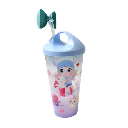 Wukusy unicorn water bottle for kids with straw lid, featuring colorful unicorn design and durable plastic construction.