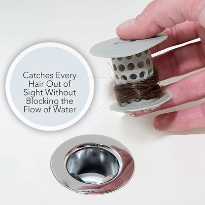 Wukusy universal tub drain hair catcher strainer in a bathroom drain to prevent hair clogs and block debris.
