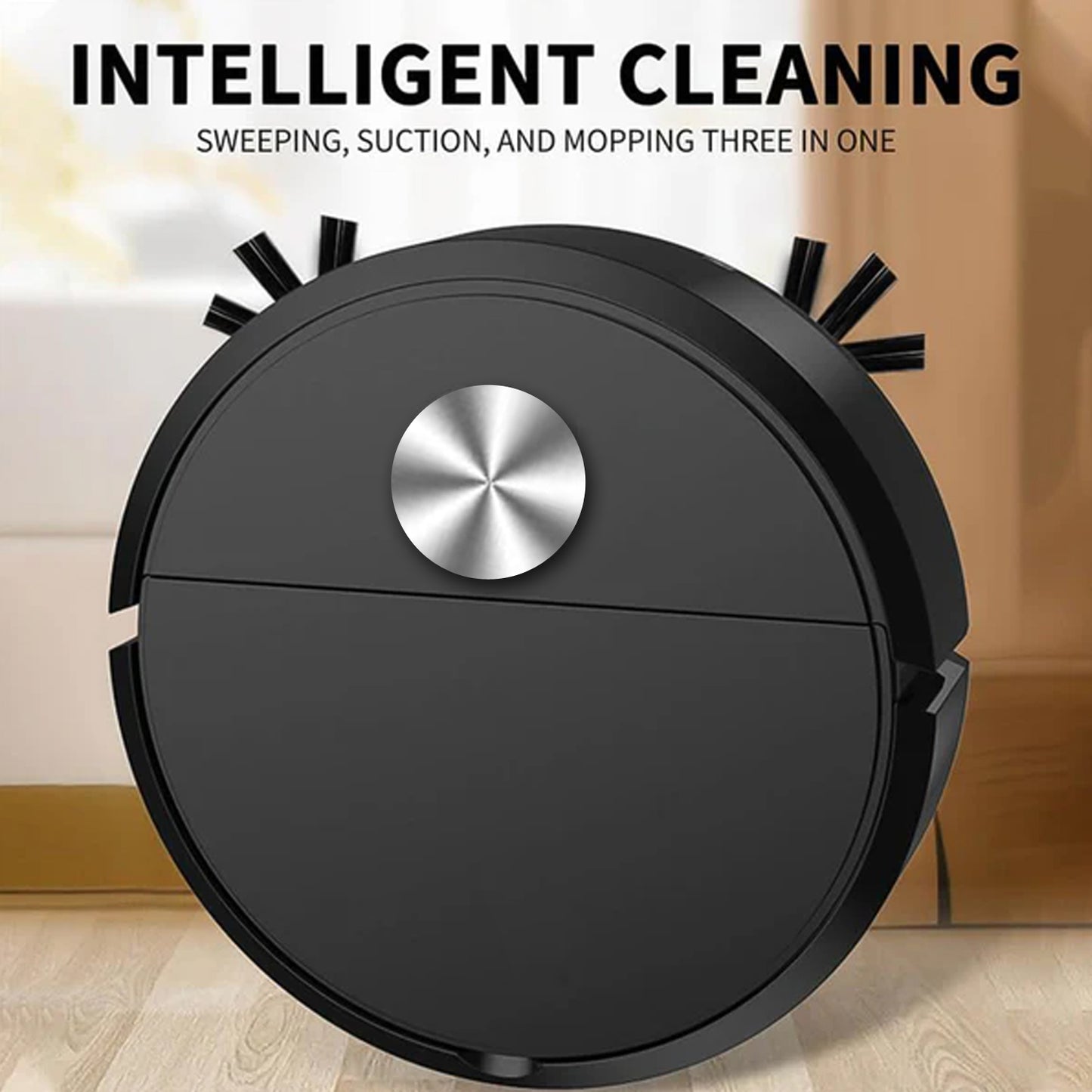 Wukusy vacuum cleaner sweeping robot for home cleaning, showing its sleek design and compact size in a modern living space.