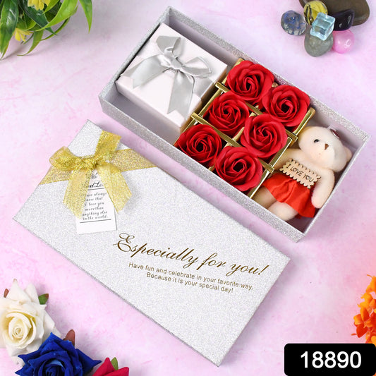 Wukusy Valentine Day gift set with scented roses, plush teddy bear, perfect for romantic home decor or gift presentation.
