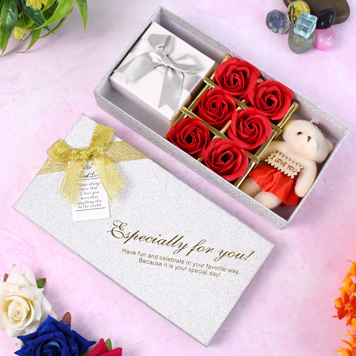Wukusy Valentine Day gift set with scented rose flowers and plush teddy bear, perfect for romantic home decoration or gift.