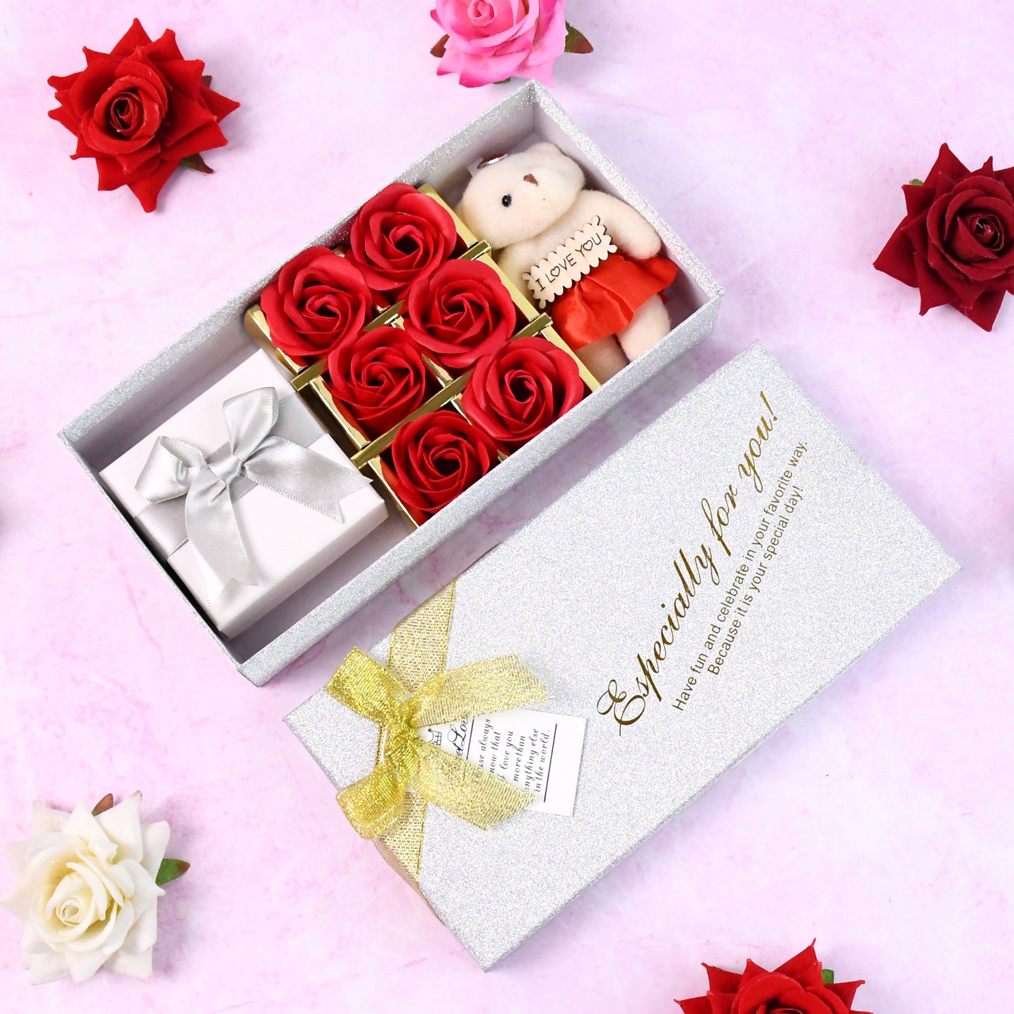 Wukusy Valentine Day gift set with scented roses, plush teddy bear, perfect for romantic home decor and special occasions.