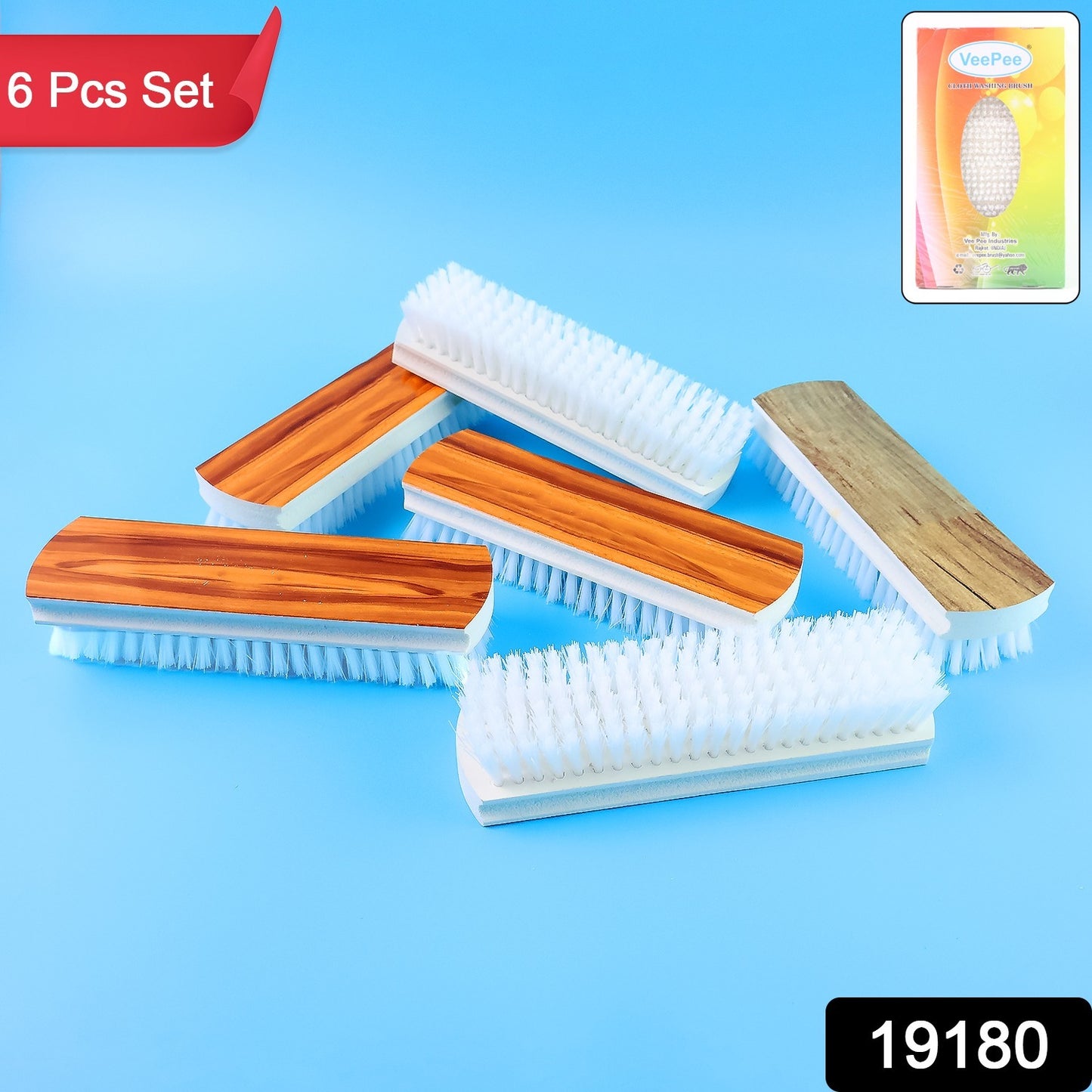 Wukusy Veepee 6-piece cleaning scrub brush set with multi-color bristles for washing and home cleaning tasks.