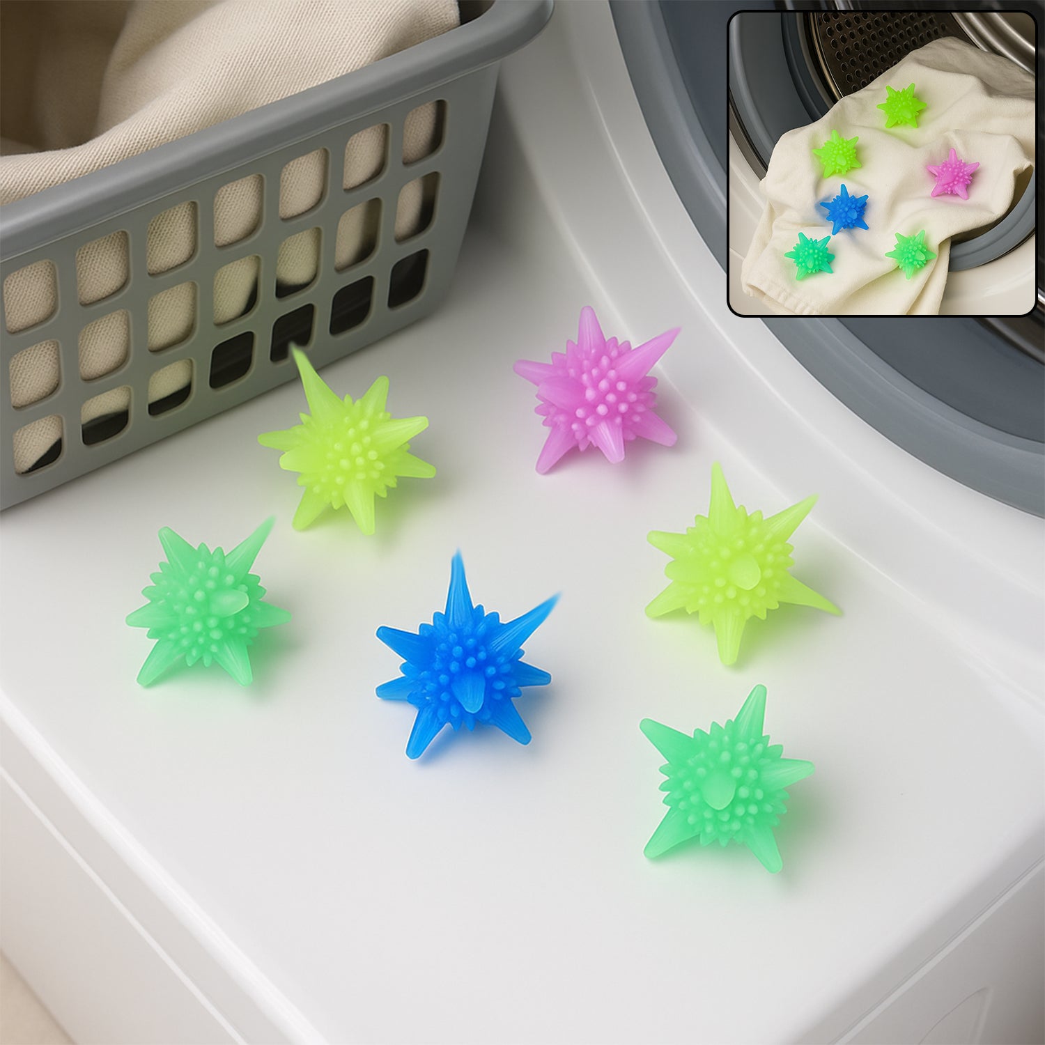 Six reusable soft spiky laundry balls for washing machines by Wukusy, used to improve laundry cleaning and reduce static.