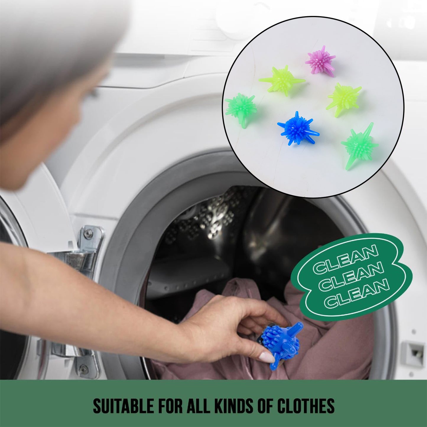 Set of 6 Wukusy reusable laundry soft spiky balls for washing machines, designed to improve cleaning and fabric care.