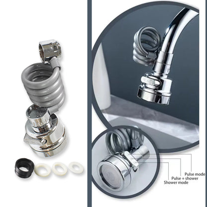 Wukusy kitchen faucet extender and sprayer attached to a sink, demonstrating home improvement kitchen sink accessories.