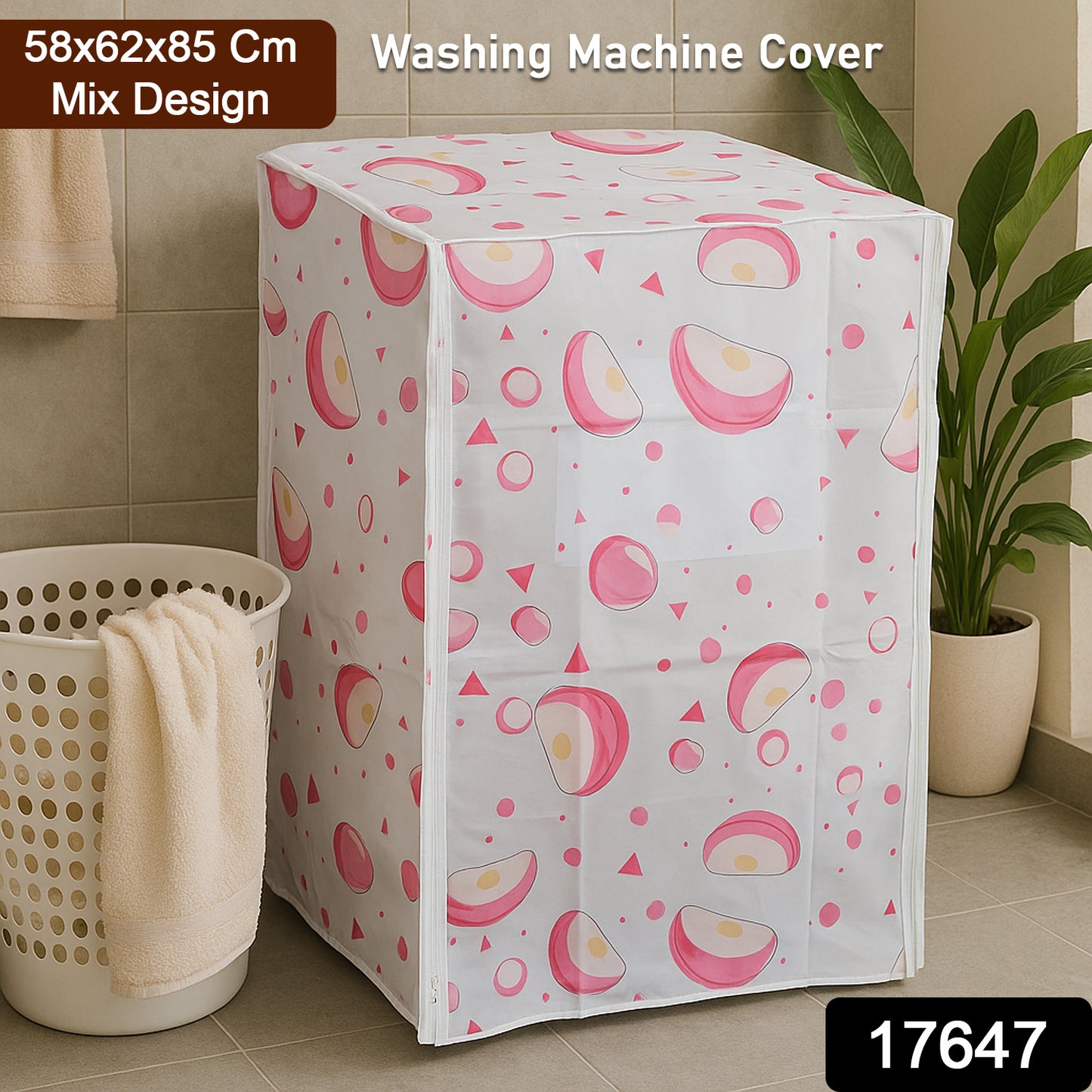 Wukusy waterproof washing machine cover in mix design, measuring 58x62x85 cm, protects appliances from dust and moisture.