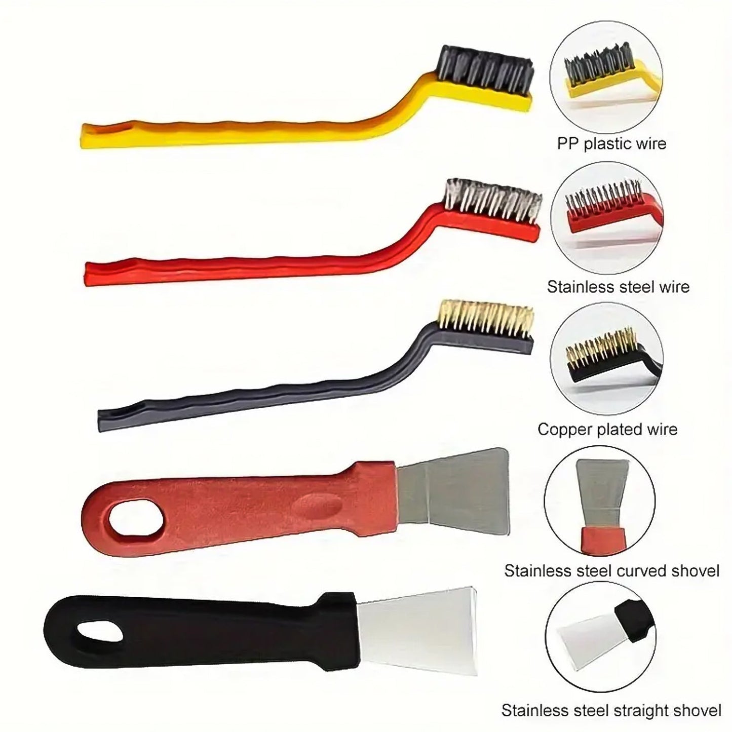 Wukusy 5-piece wire brush and scraper set for home improvement, includes various brushes and scrapers for cleaning and surface prep.